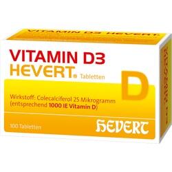 Eine gelbe Packung mit Vitamin D3 Hevert Tabletten.