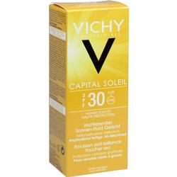 Gelbe Schachtel von Vichy Sonnencreme mit LSF 30 für das Gesicht.
