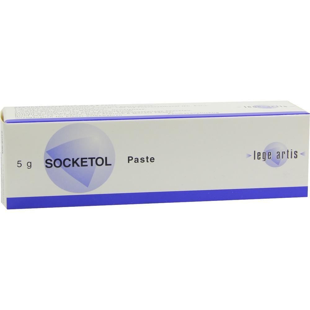 Eine weiße Schachtel mit der Aufschrift "SOCKETOL Paste" in blauer Schrift.