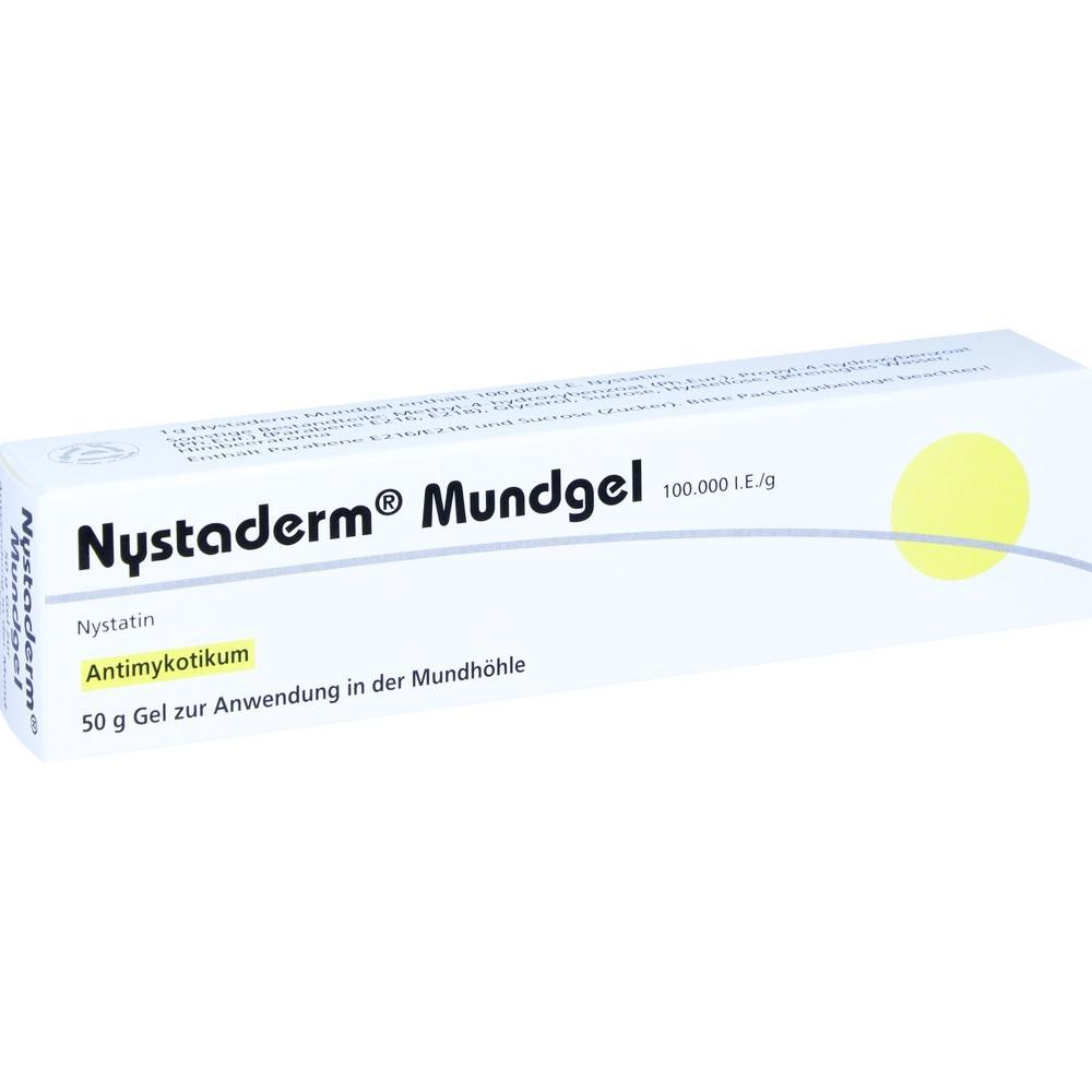 Eine weiße Packung mit Nystaderm Mundgel gegen Pilzinfektionen im Mund.
