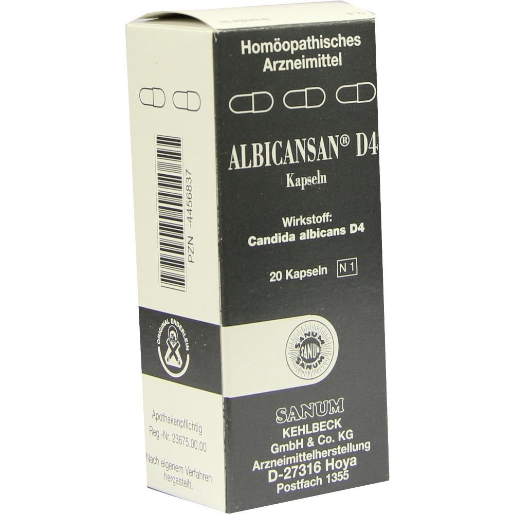 Schachtel mit homöopathischen Kapseln Albicansan D4, 20 Stück.