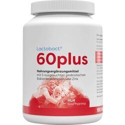 Weiße Dose mit der Aufschrift "Lactobact 60plus" und Bildern glücklicher Menschen.