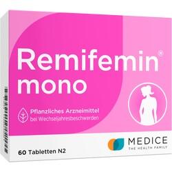 Schachtel mit pinkem Design von Remifemin mono, pflanzliches Mittel für Wechseljahresbeschwerden.